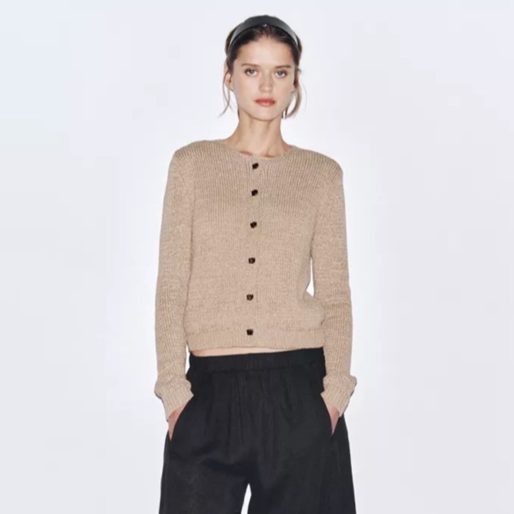 Zara Rustic Knit Jacket Sweater - size M - Sand Brown